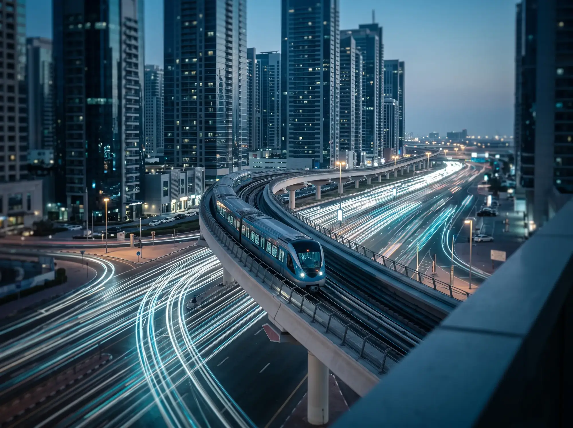 Elevated driverless metro line in a modern Gulf city at dusk
